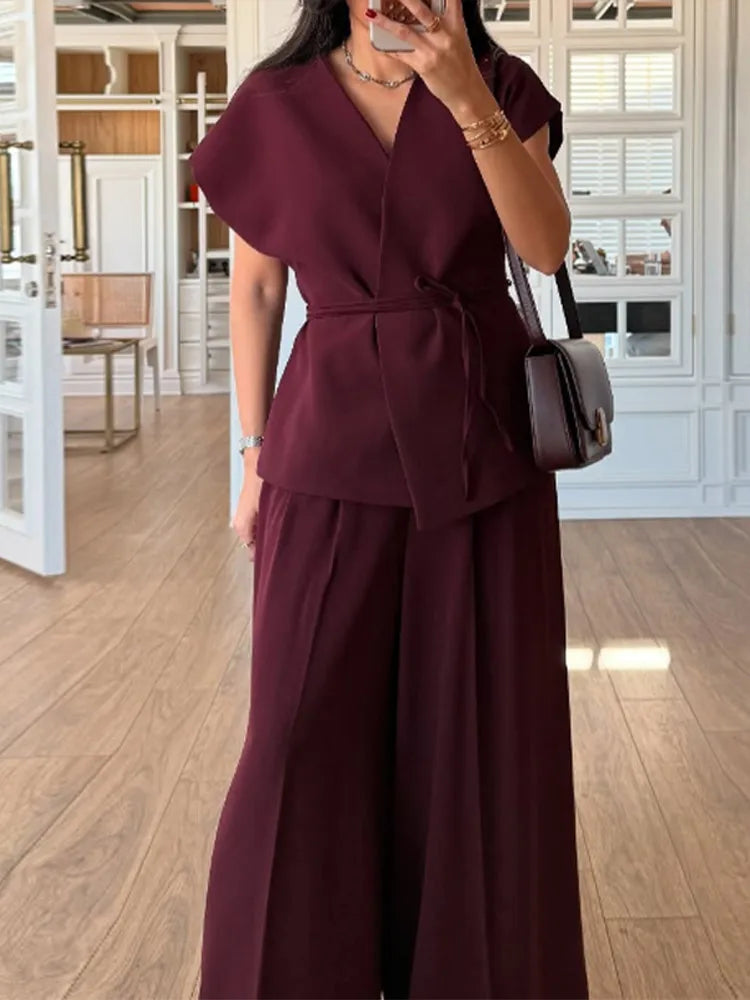 Lace Up Irregular Top Pants Suits Women Elegant V-neck Short Sleeve Belt Slim Tops High Waist Wide Leg Trousers Chic Ladies Sets